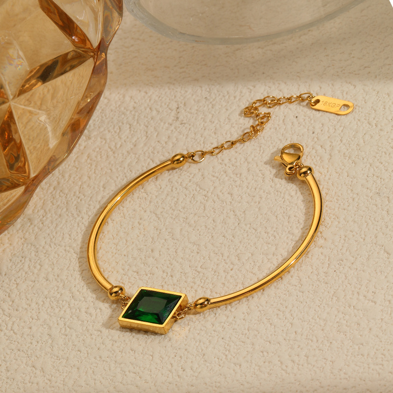 18K Gold Plated Emerald Green Gem Bracelet – Elegant Square Stone Bangle for Women