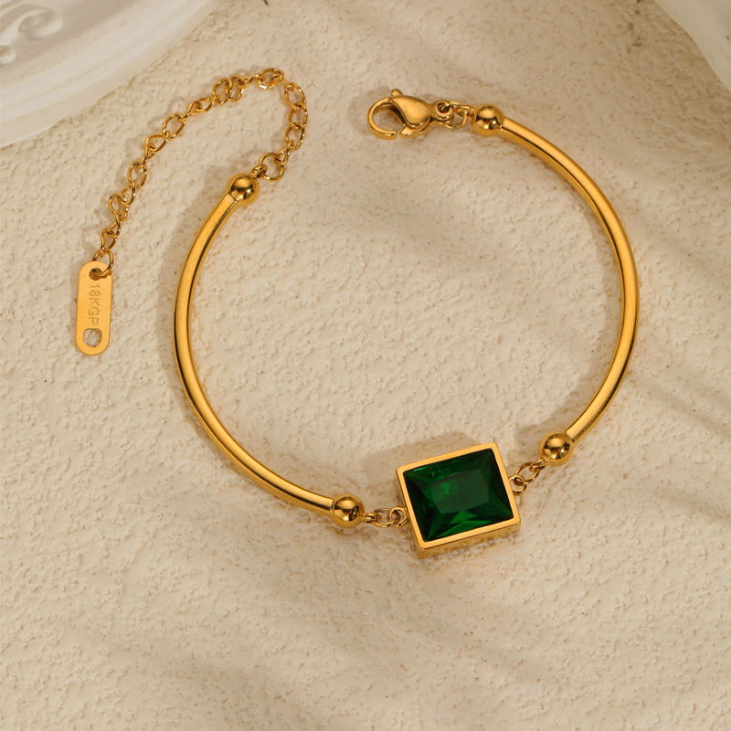 18K Gold Plated Emerald Green Gem Bracelet – Elegant Square Stone Bangle for Women