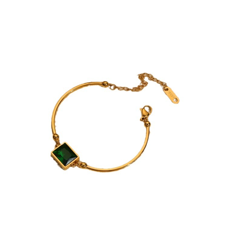 18K Gold Plated Emerald Green Gem Bracelet – Elegant Square Stone Bangle for Women