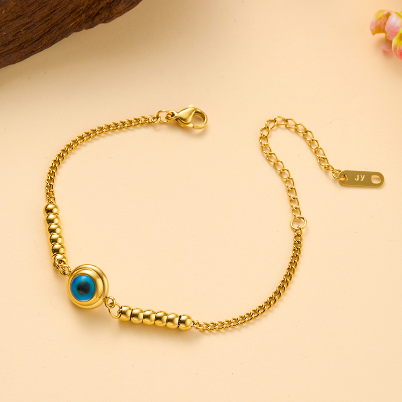 Gold Evil Eye Beaded Bracelet with Blue Center Charm – Adjustable Dainty Chain Bracelet for Women, Boho Minimalist Jewelry Gift