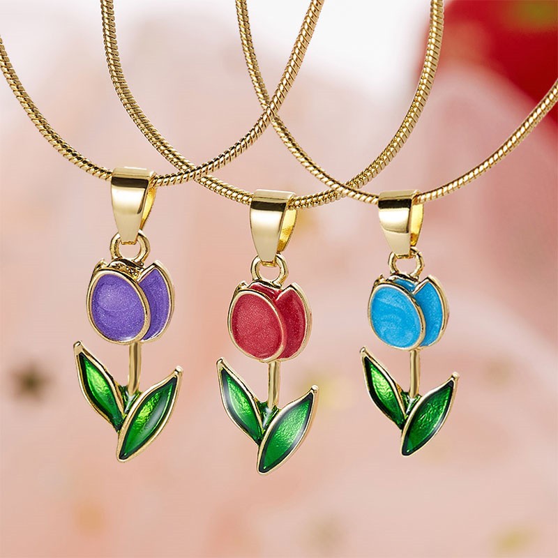 Gold Flower Necklace for Women – Colorful Tulip Pendant Necklace Fashion Jewelry Gift