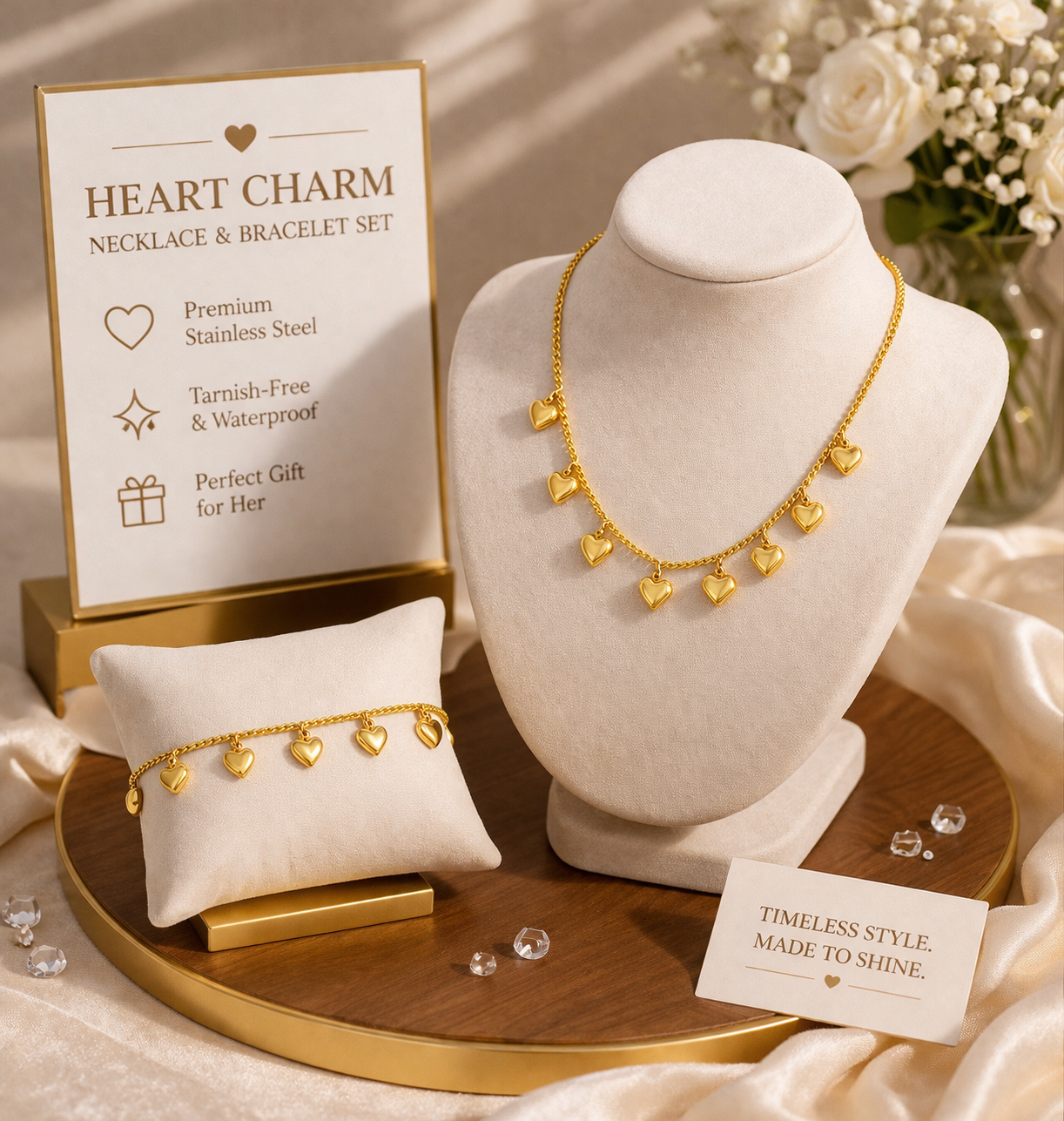 Gold Heart Pendant Stainless Steel Jewelry Sets Necklace Bracelet for Women Minimalist Elegant Charm Jewelry Sets Gift