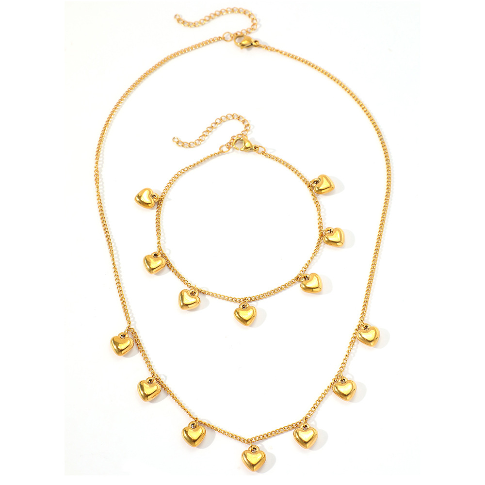 Gold Heart Pendant Stainless Steel Jewelry Sets Necklace Bracelet for Women Minimalist Elegant Charm Jewelry Sets Gift