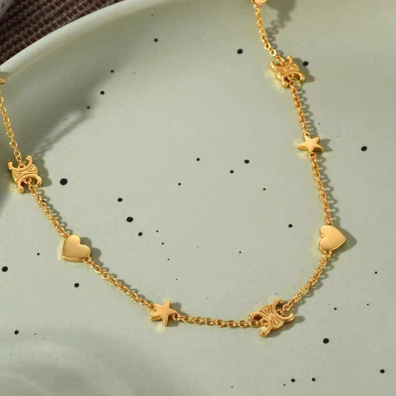 Gold Heart and Star Charm Necklace for Women Dainty Minimalist Layering Chain Choker Jewelry