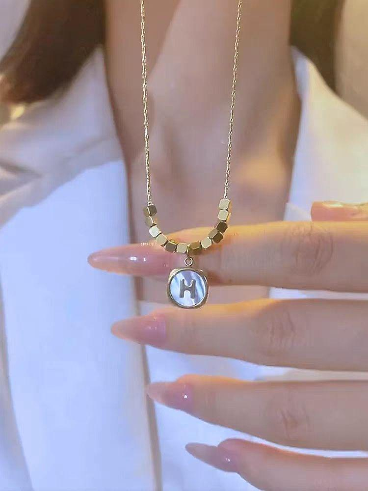 Gold Hex Bead Initial Pendant Necklace – Letter H Charm Jewelry for Women