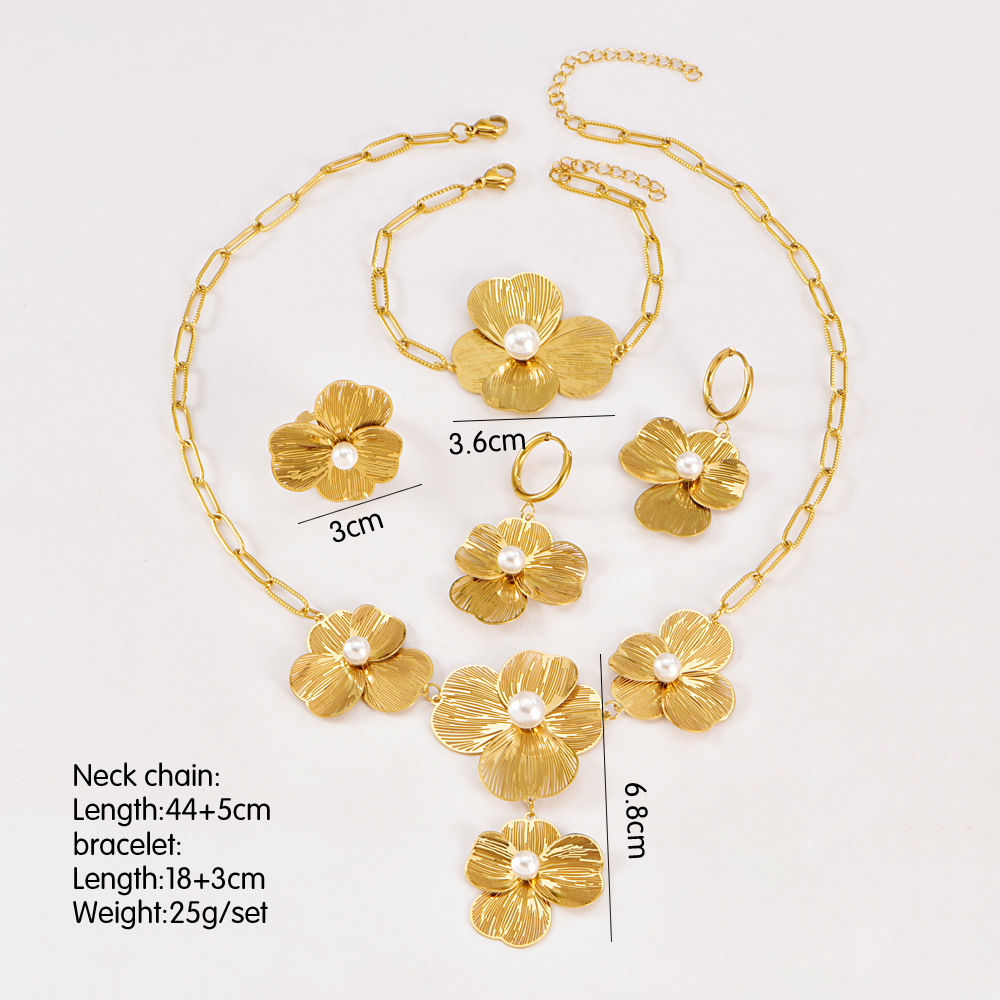 Gold Hollow Flower stainless steel jewelry sets with Pearl Necklace, Bracelet, Earrings and Ring for Women Gift