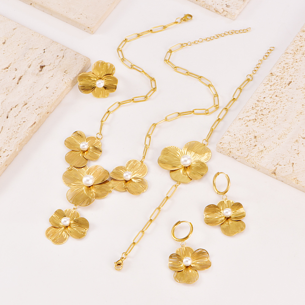Gold Hollow Flower stainless steel jewelry sets with Pearl Necklace, Bracelet, Earrings and Ring for Women Gift