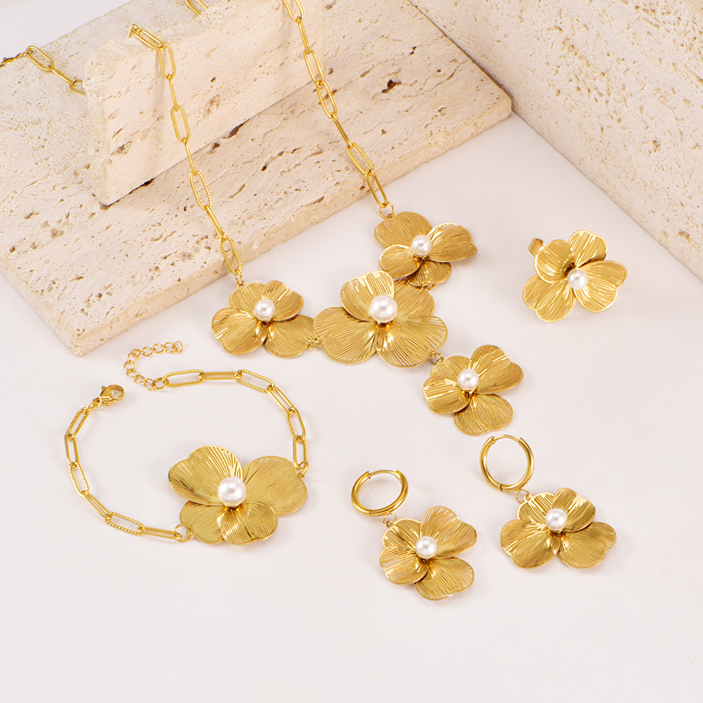Gold Hollow Flower stainless steel jewelry sets with Pearl Necklace, Bracelet, Earrings and Ring for Women Gift