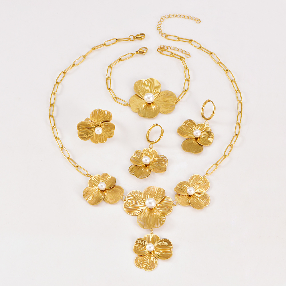Gold Hollow Flower stainless steel jewelry sets with Pearl Necklace, Bracelet, Earrings and Ring for Women Gift