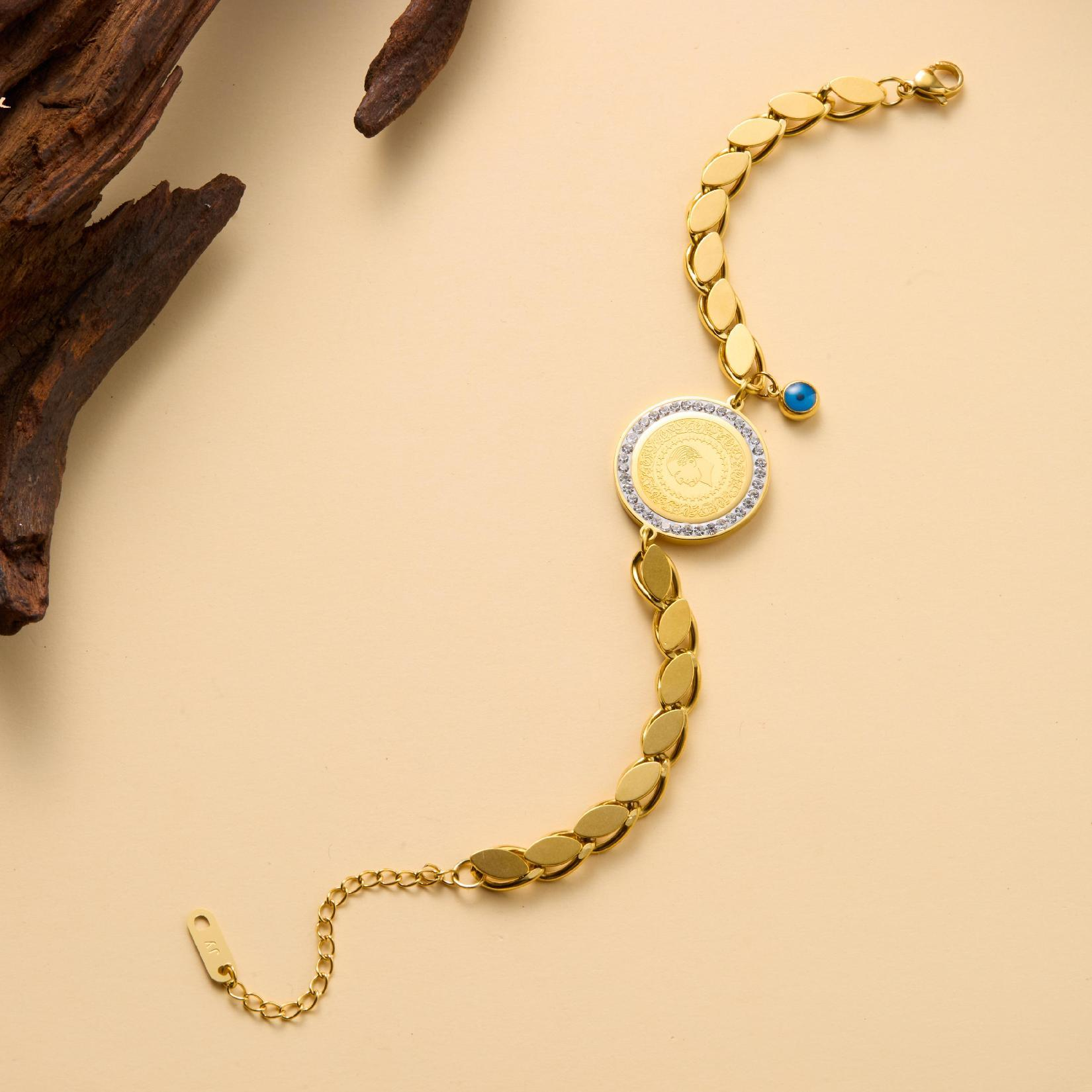 Gold Leaf Chain Bracelet with Crystal Coin Pendant – Elegant Women’s Adjustable Jewelry with Evil Eye Charm, Luxury Gift Piece