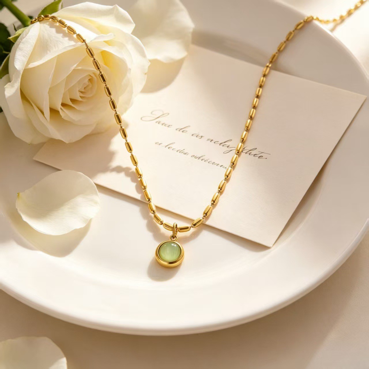 Gold Link Chain Necklace with Green Round Pendant