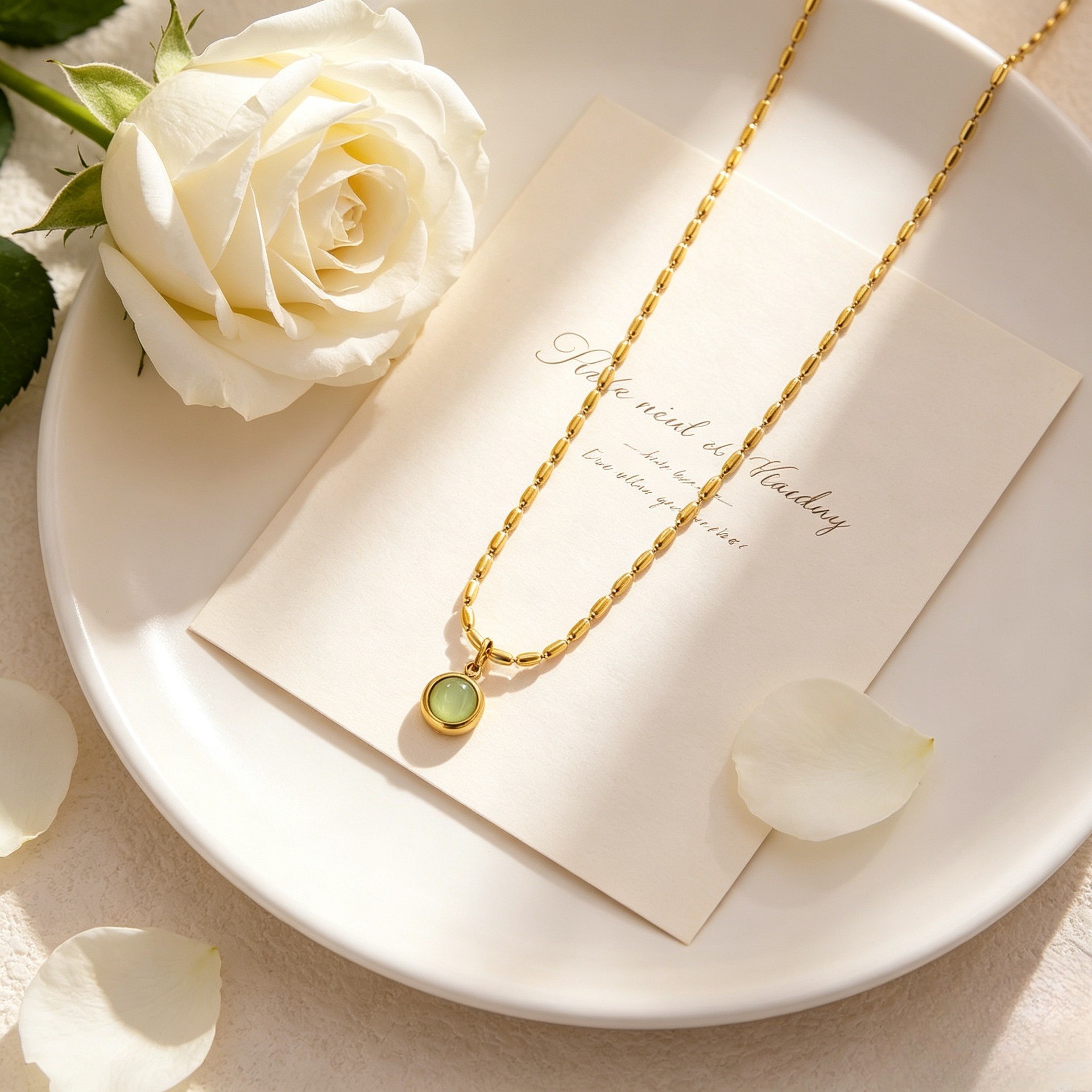 Gold Link Chain Necklace with Green Round Pendant