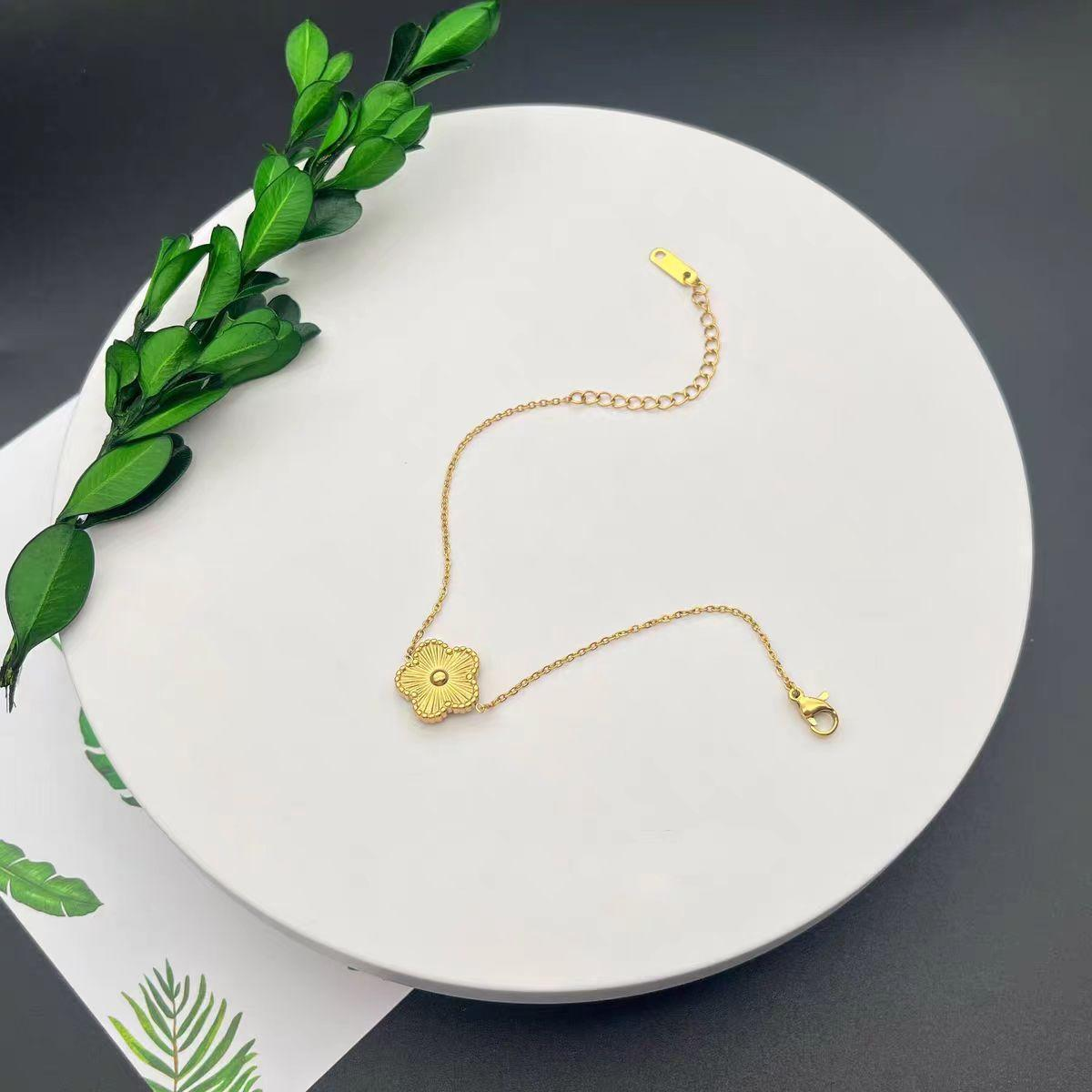 Gold Plated Flower Charm Bracelet for Women – Van Cleef Inspired Stainless Steel Jewelry, Adjustable Chain, OEM/ODM Support