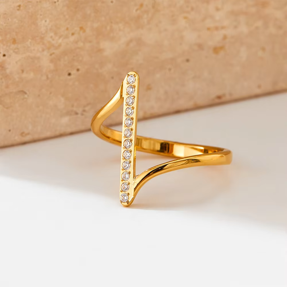 Gold Plated Geometric Finger Ring – Stainless Steel Ring with Cubic Zirconia for Women