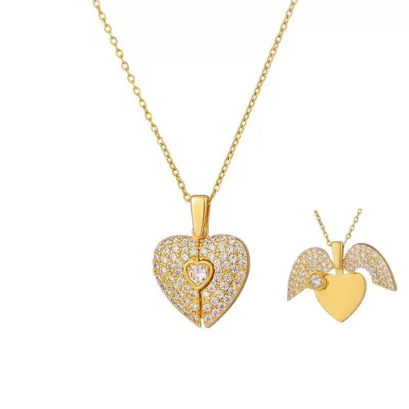 Gold Plated Heart Angel Wing Pendant Necklace for Women