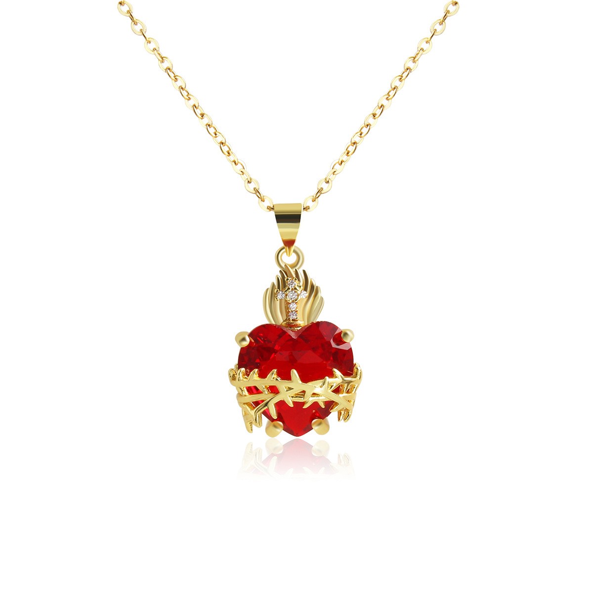 Gold Plated Sacred Heart Cross Necklace Red Heart Zircon Pendant Necklace for Women