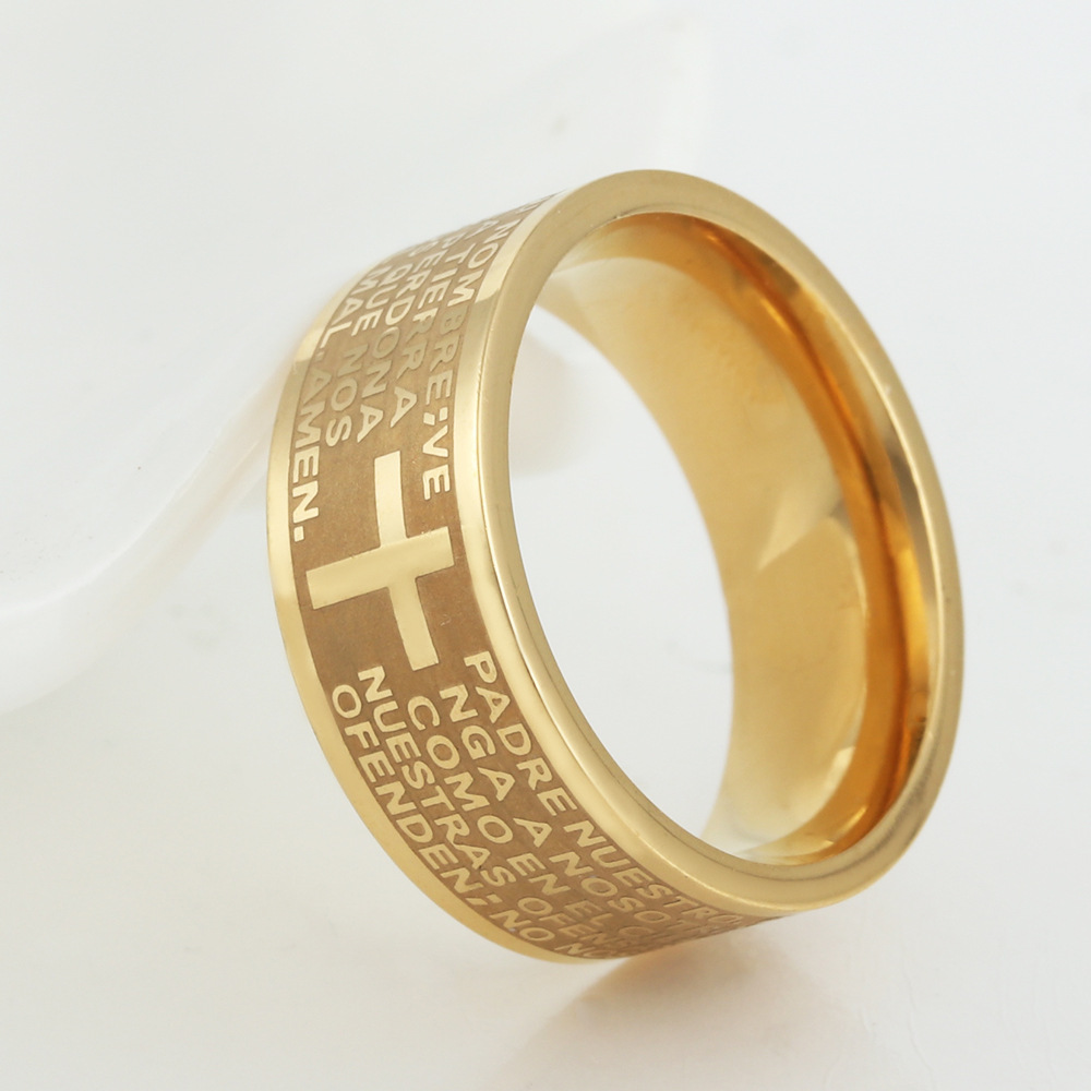 Gold Plated Stainless Steel Cross Ring Unisex Religious Band Engraved Prayer Scripture Ring for Men Women
