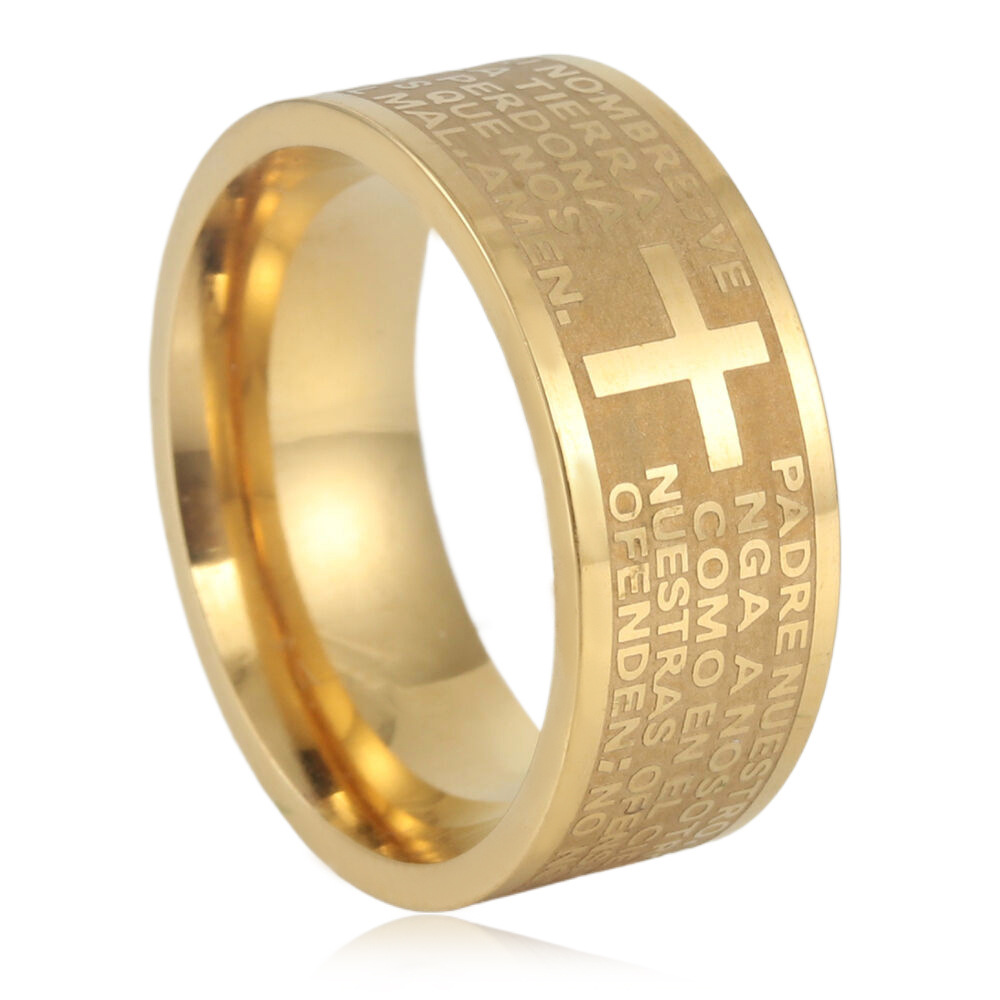 Gold Plated Stainless Steel Cross Ring Unisex Religious Band Engraved Prayer Scripture Ring for Men Women
