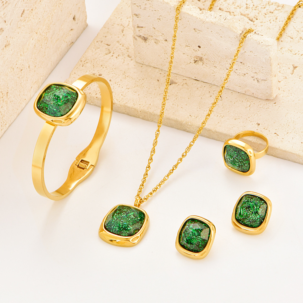 Gold Plated Stainless Steel Jewelry Set with Green Square Stone