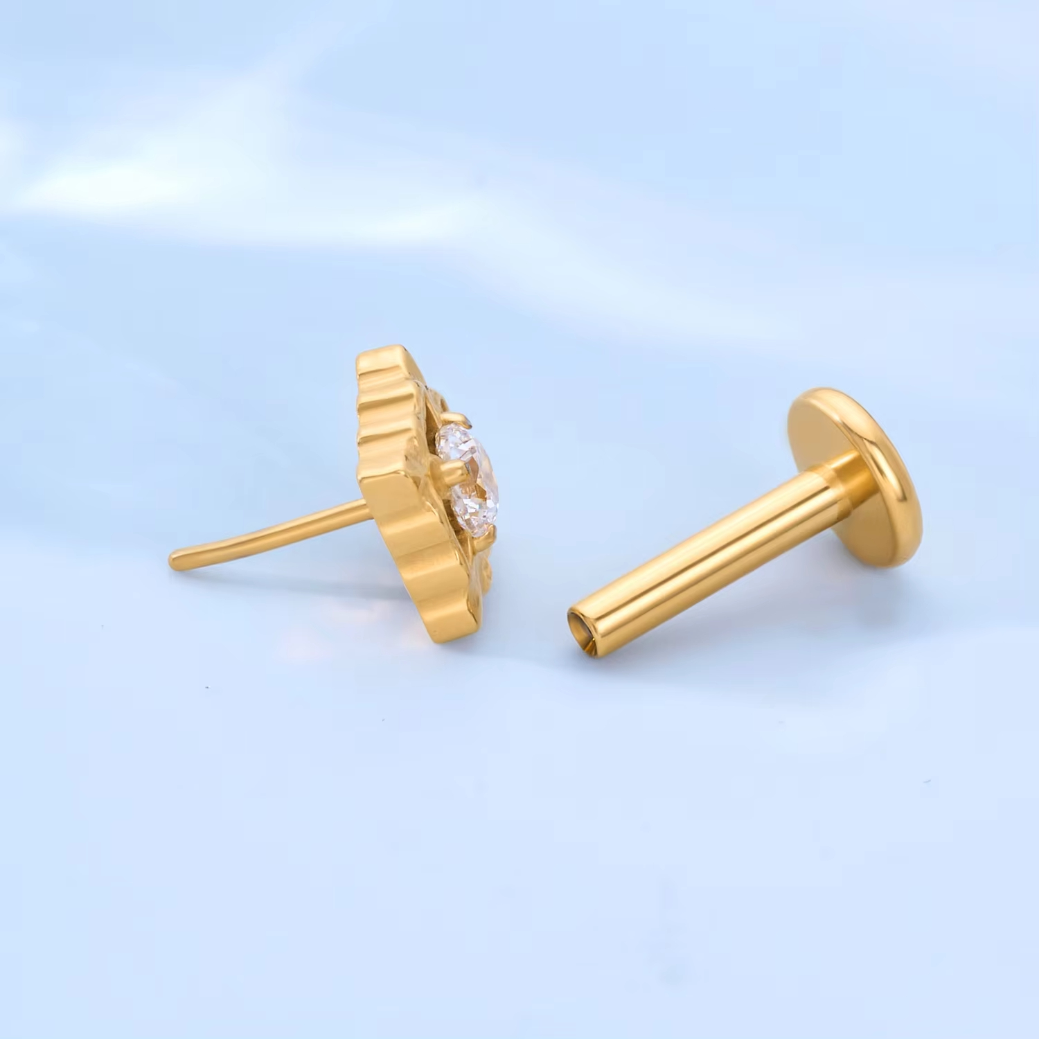 Gold Solitaire Earrings a Classic Bezel Setting Labret with an Internal Thread for Cartilage and Lip Use