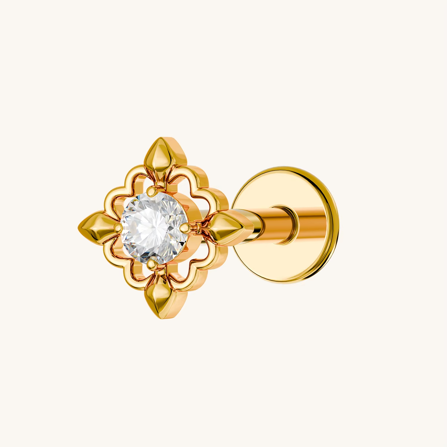 Gold Solitaire Earrings a Classic Bezel Setting Labret with an Internal Thread for Cartilage and Lip Use
