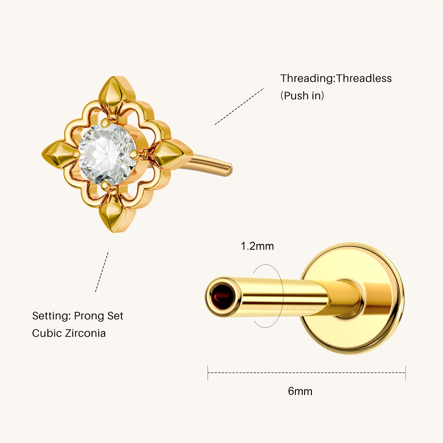 Gold Solitaire Earrings a Classic Bezel Setting Labret with an Internal Thread for Cartilage and Lip Use