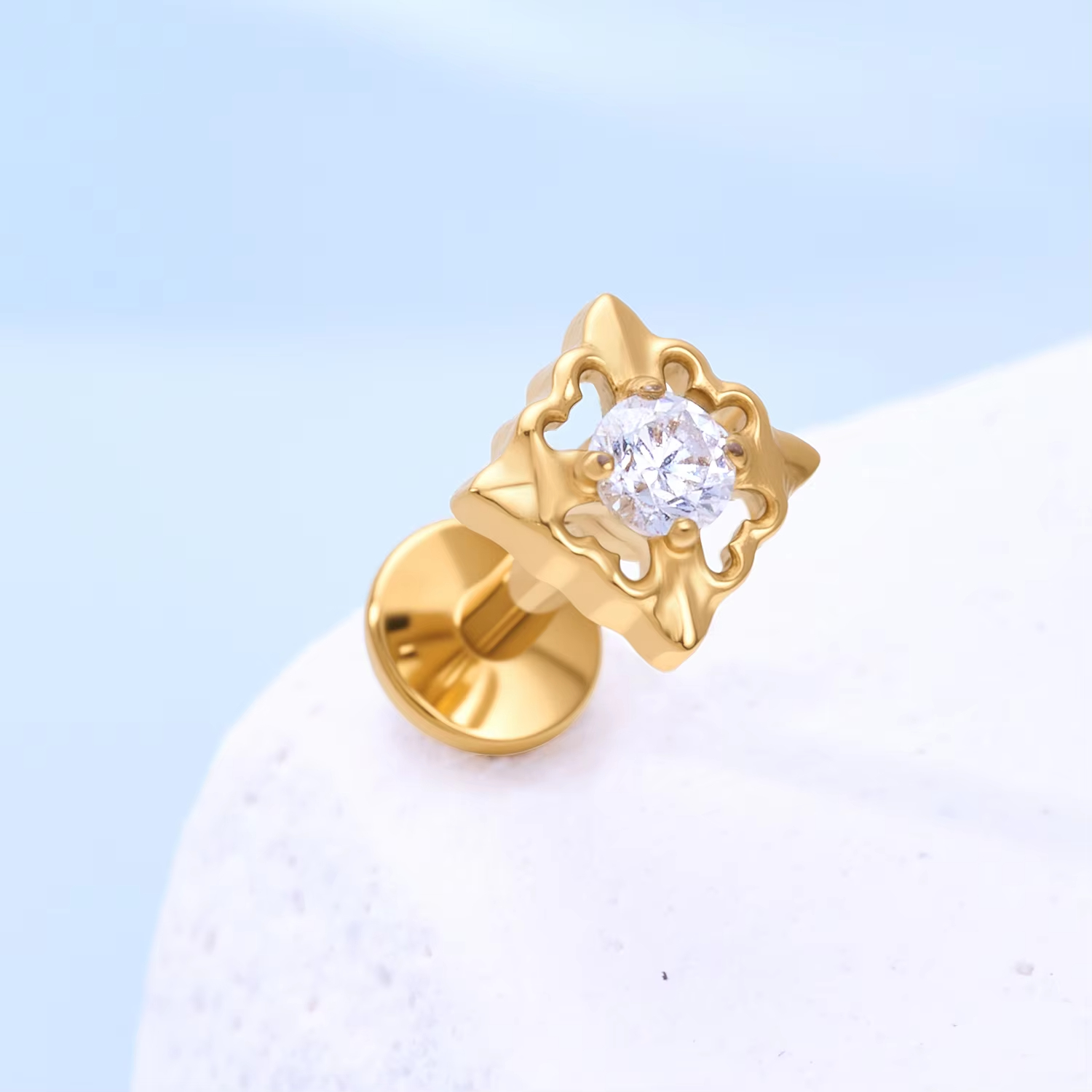 Gold Solitaire Earrings a Classic Bezel Setting Labret with an Internal Thread for Cartilage and Lip Use