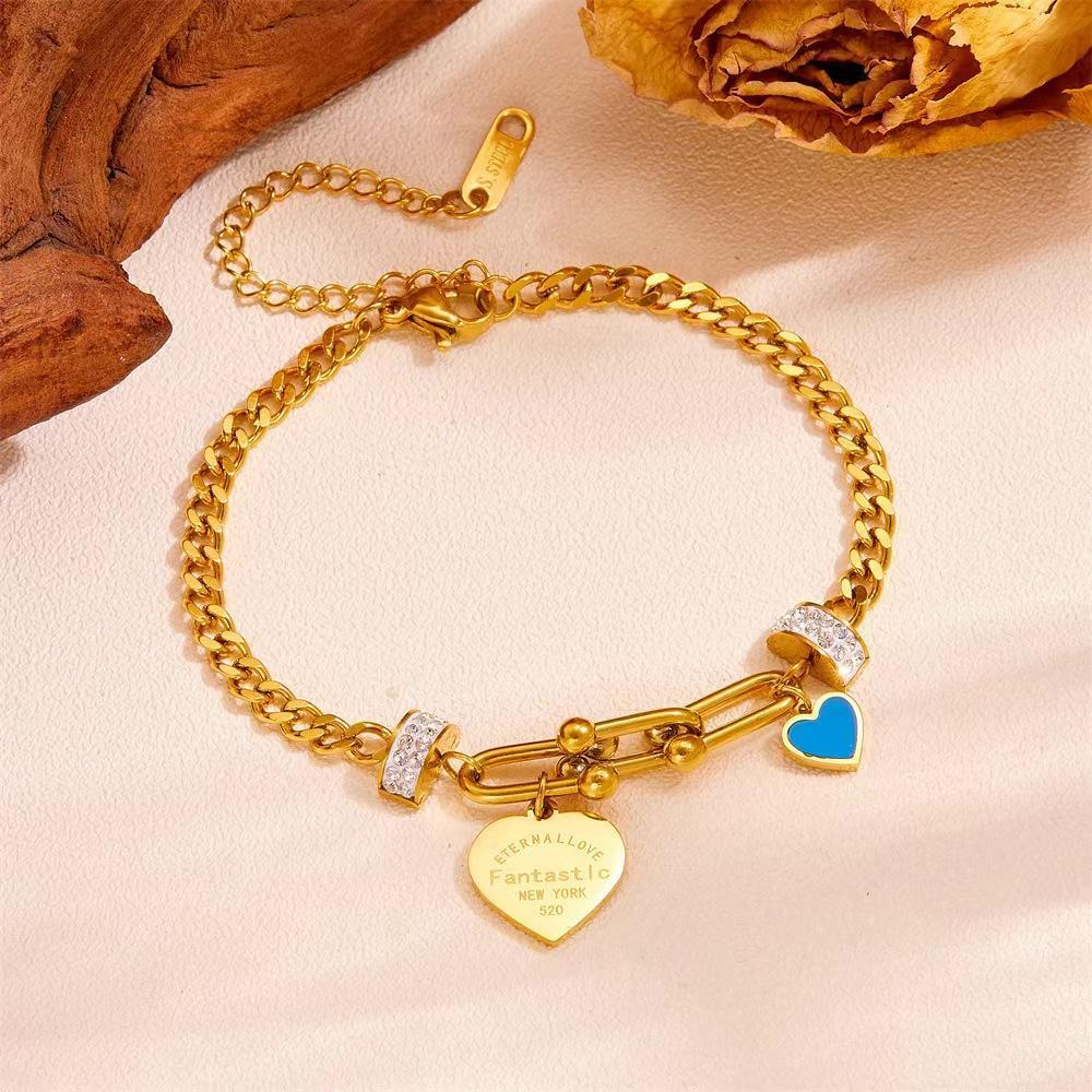Gold Stainless Steel Heart Charm Bracelet for Women – Adjustable Cuban Chain, Blue Enamel & Crystal Details, OEM/ODM Jewelry