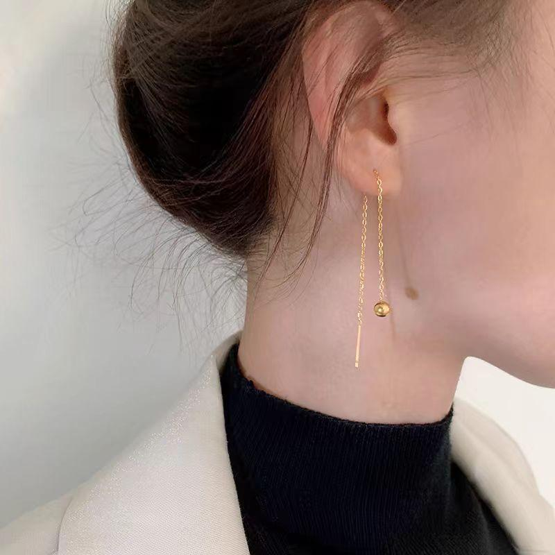 Gold Threader Earrings with Round Ball Drop and Minimalist Chain Design for Modern Women Seeking Everyday Elegance and Comfort