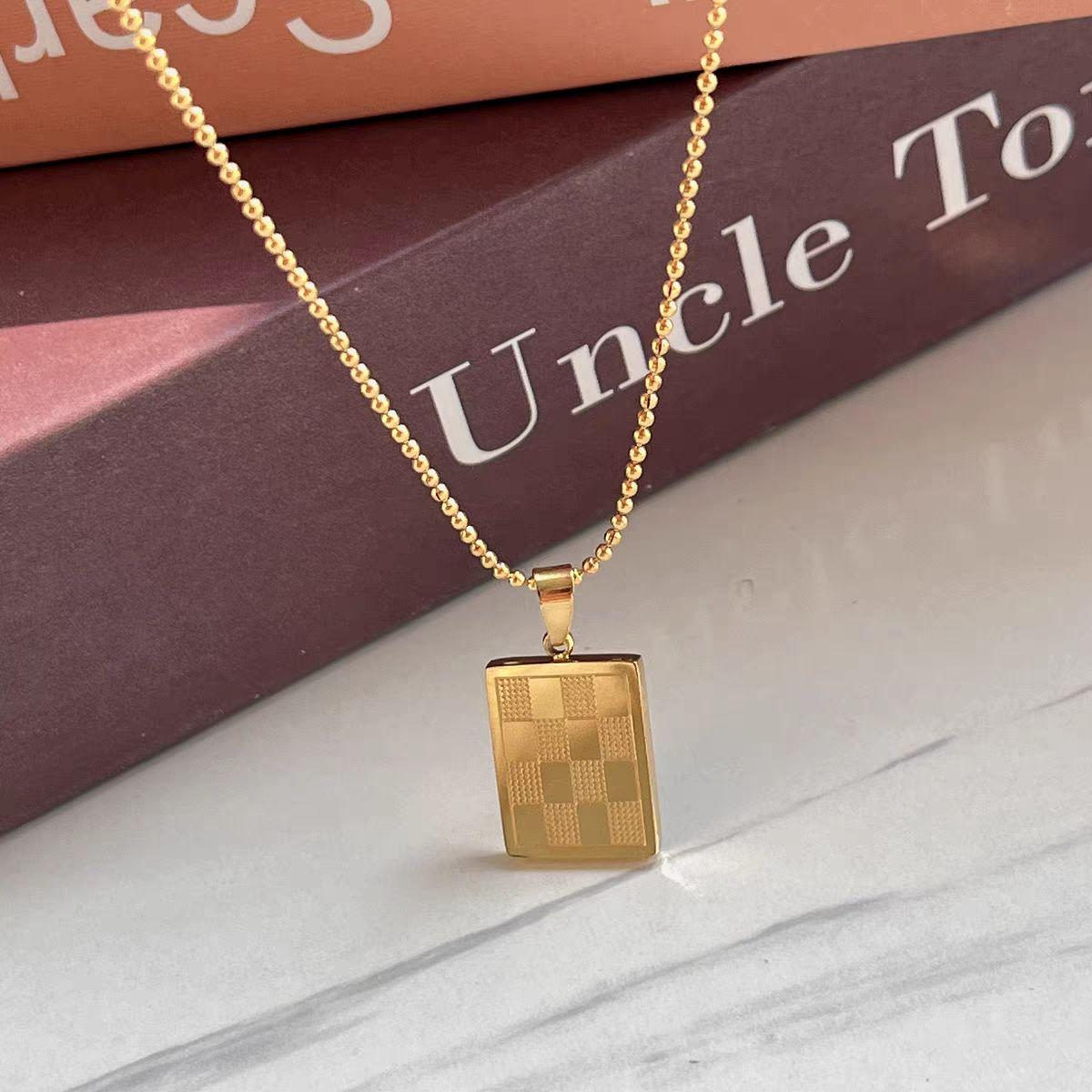 Gold Titanium Steel Checkered Pendant Necklace – Unisex Minimalist Rectangle Tag Chain