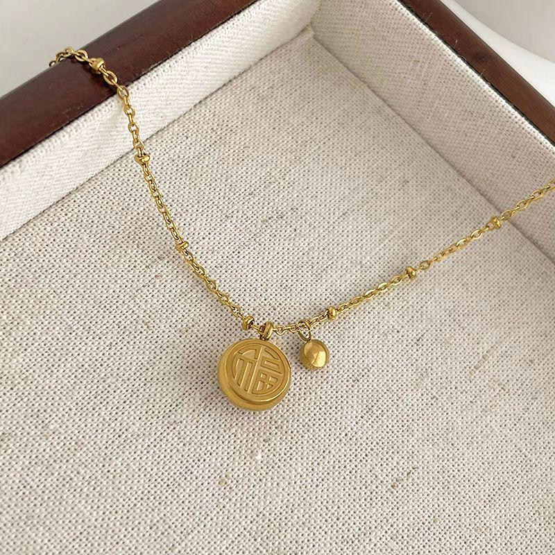 Gold Titanium Steel Chinese “Fu” Pendant Necklace – Double Charm Chain for Women