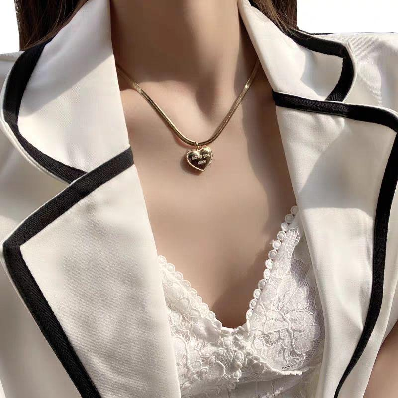 Gold Titanium Steel Heart Engraved Pendant Necklace – “Love You More” Statement Chain
