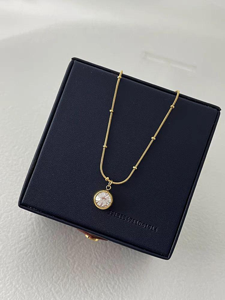 Gold Titanium Steel Round Crystal Pendant Necklace – Minimalist Beaded Snake Chain Jewelry