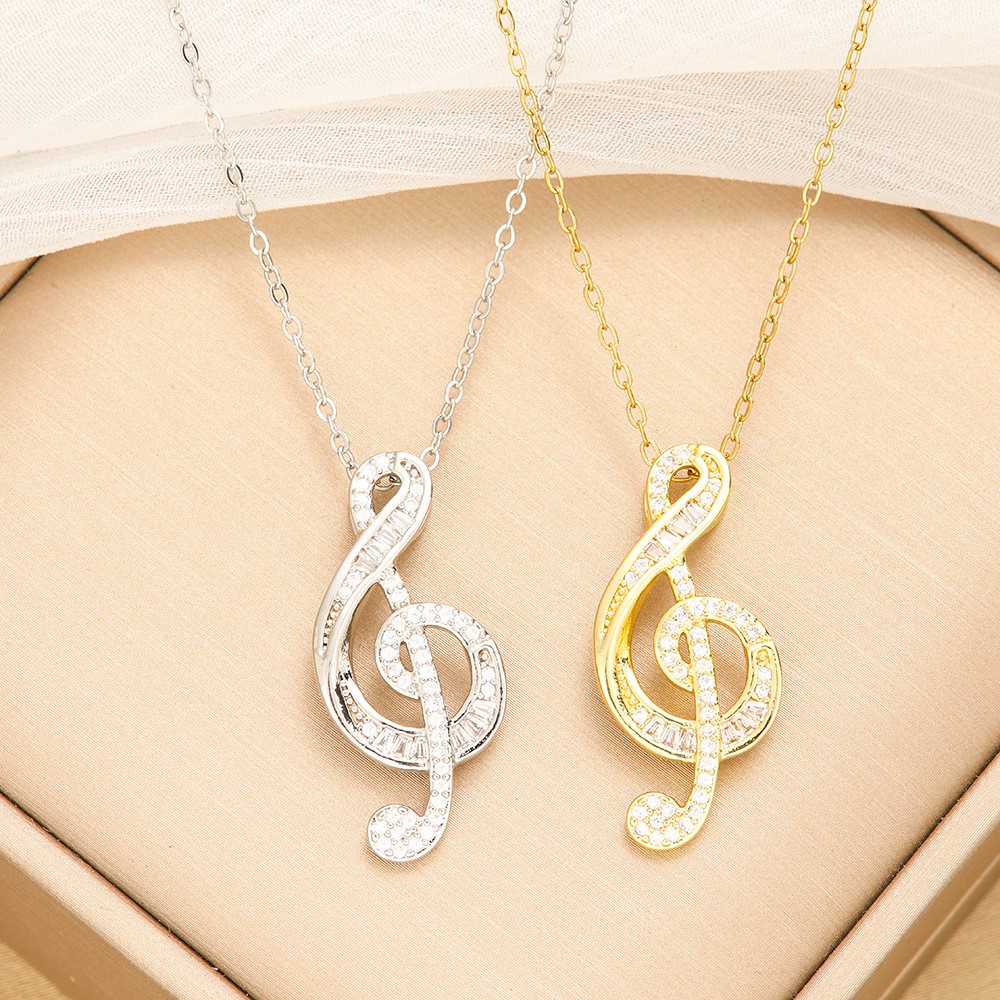 Gold Tone Copper Zircon Treble Clef Necklace for Women