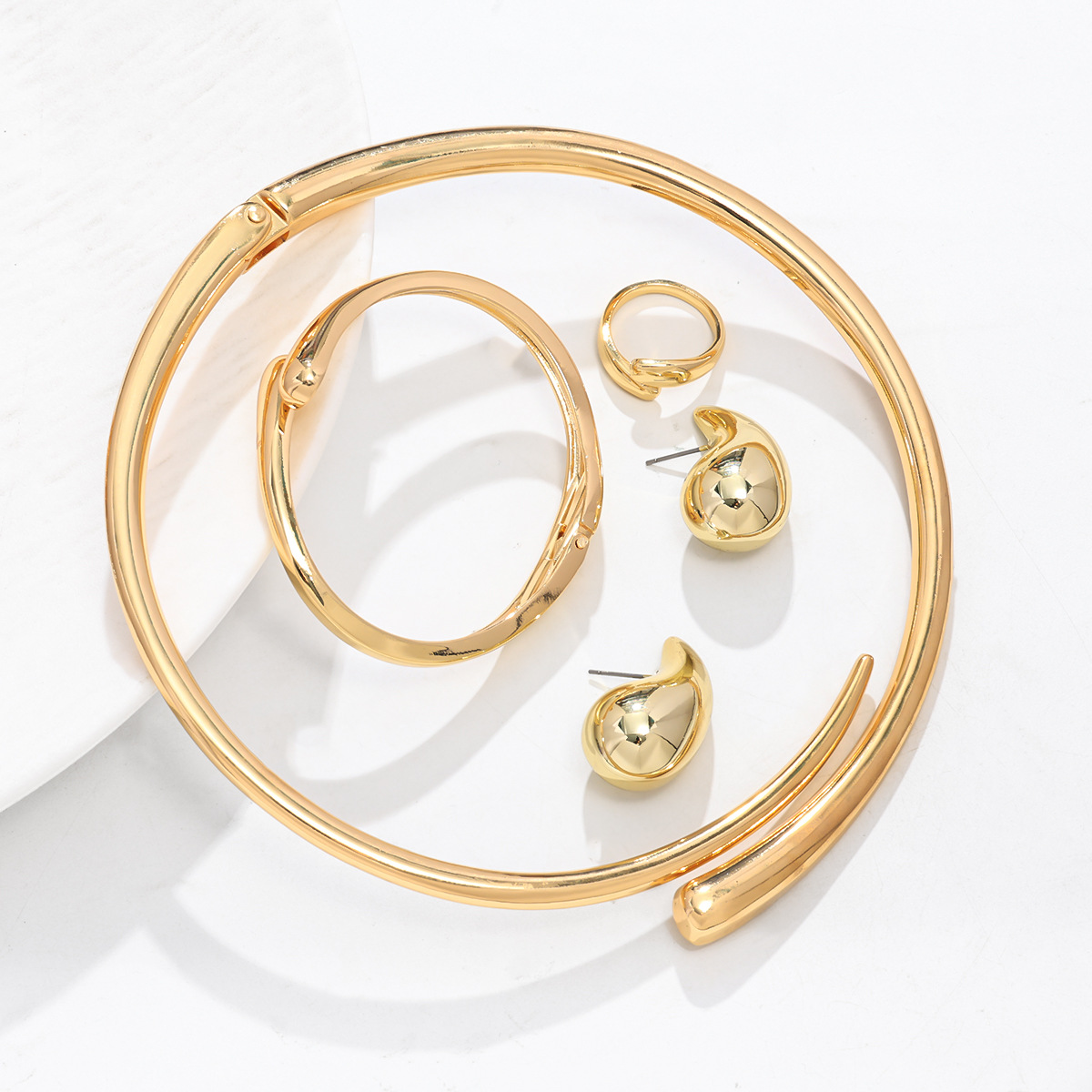 Gold Tone Stainless Steel Geometric Water Drop Jewelry Sets with Necklace, Bracelet, Ring and Earrings for Women