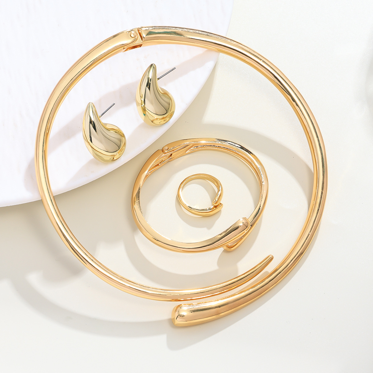 Gold Tone Stainless Steel Geometric Water Drop Jewelry Sets with Necklace, Bracelet, Ring and Earrings for Women