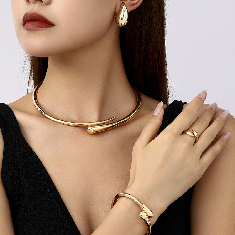 Gold Tone Stainless Steel Geometric Water Drop Jewelry Sets with Necklace, Bracelet, Ring and Earrings for Women