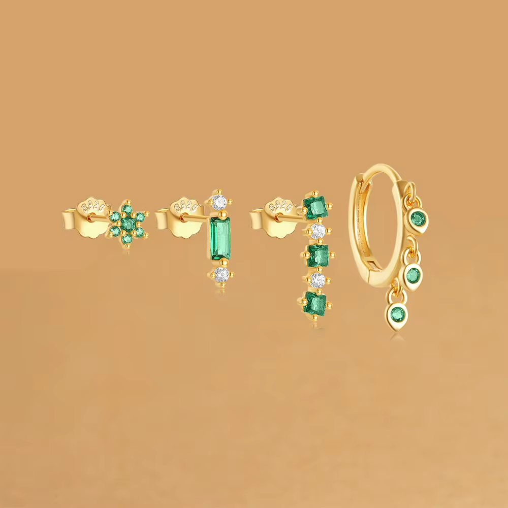 Golden Set Earring Trending Geometric Green Zircon Tassel Pearl Hoop Flower Stud Earring