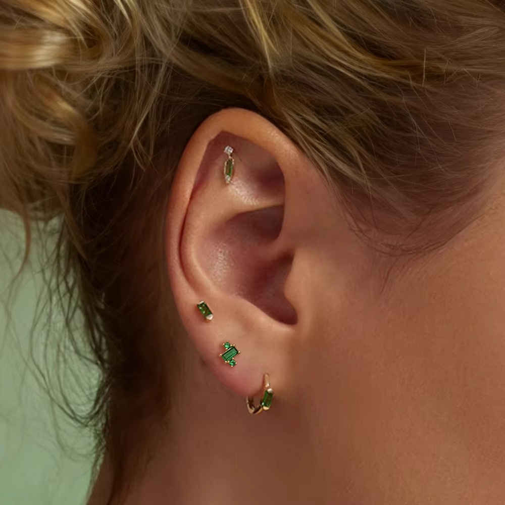 Golden Set Earring Trending Geometric Green Zircon Tassel Pearl Hoop Flower Stud Earring
