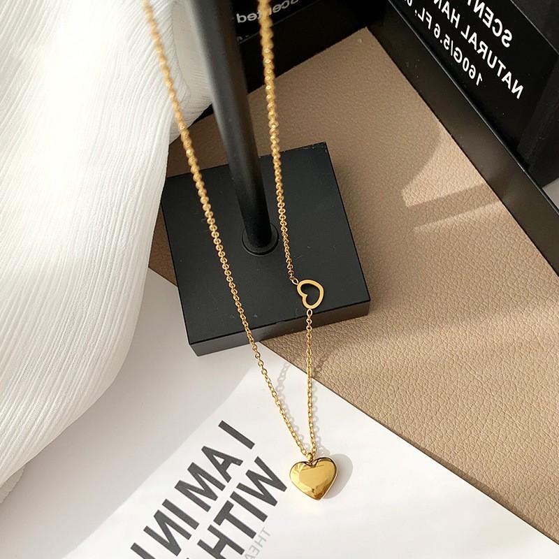 Gold Titanium Steel Heart Pendant Necklace – Double Heart Design