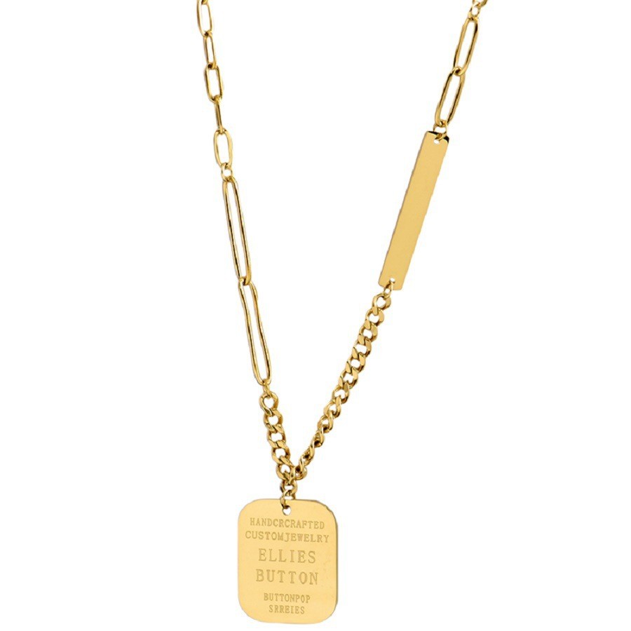 Gold Titanium Steel Tag Necklace with Engraved Text – Asymmetrical Chain Design