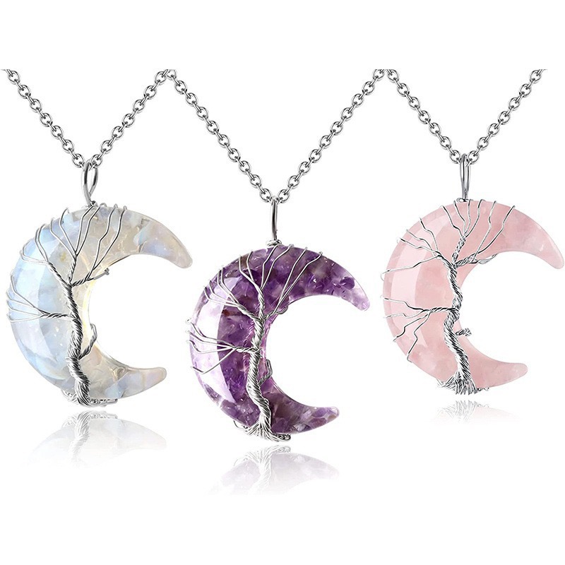 Handmade Natural Gravel Stone Resin Tree of Life Wire Wrapped 7 Chakra Crescent Moon Pendant Necklace