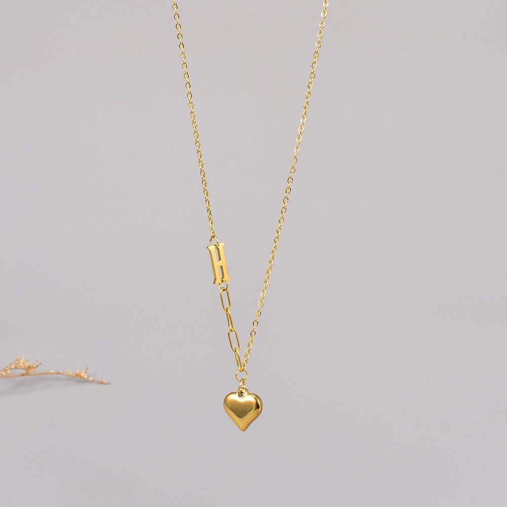Asymmetric Heart Pendant Necklace with H Accent – Titanium Steel Gold Chain for Women