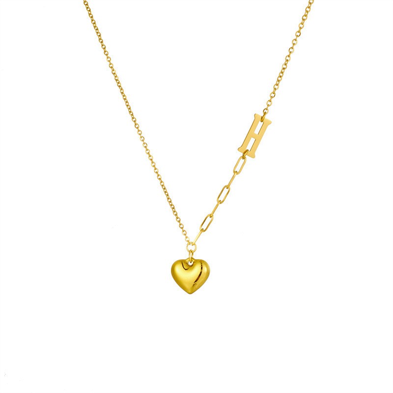 Asymmetric Heart Pendant Necklace with H Accent – Titanium Steel Gold Chain for Women