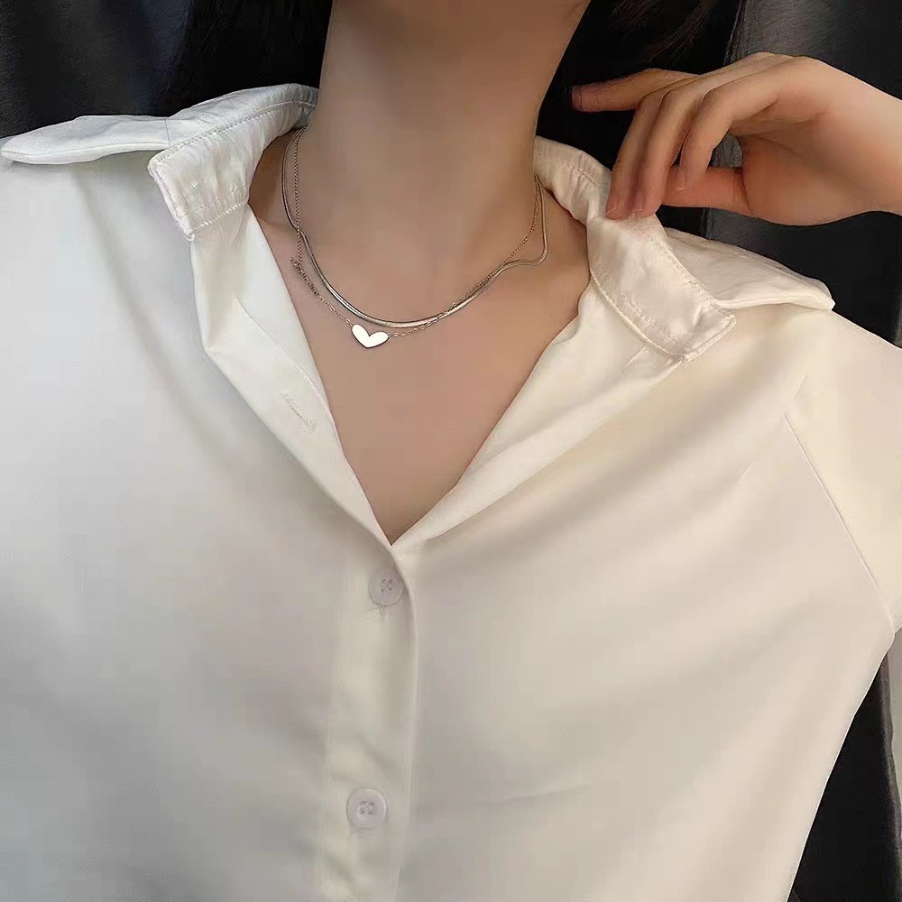 Layered Titanium Steel Necklace with Heart Pendant – Minimalist Dual Chain Design