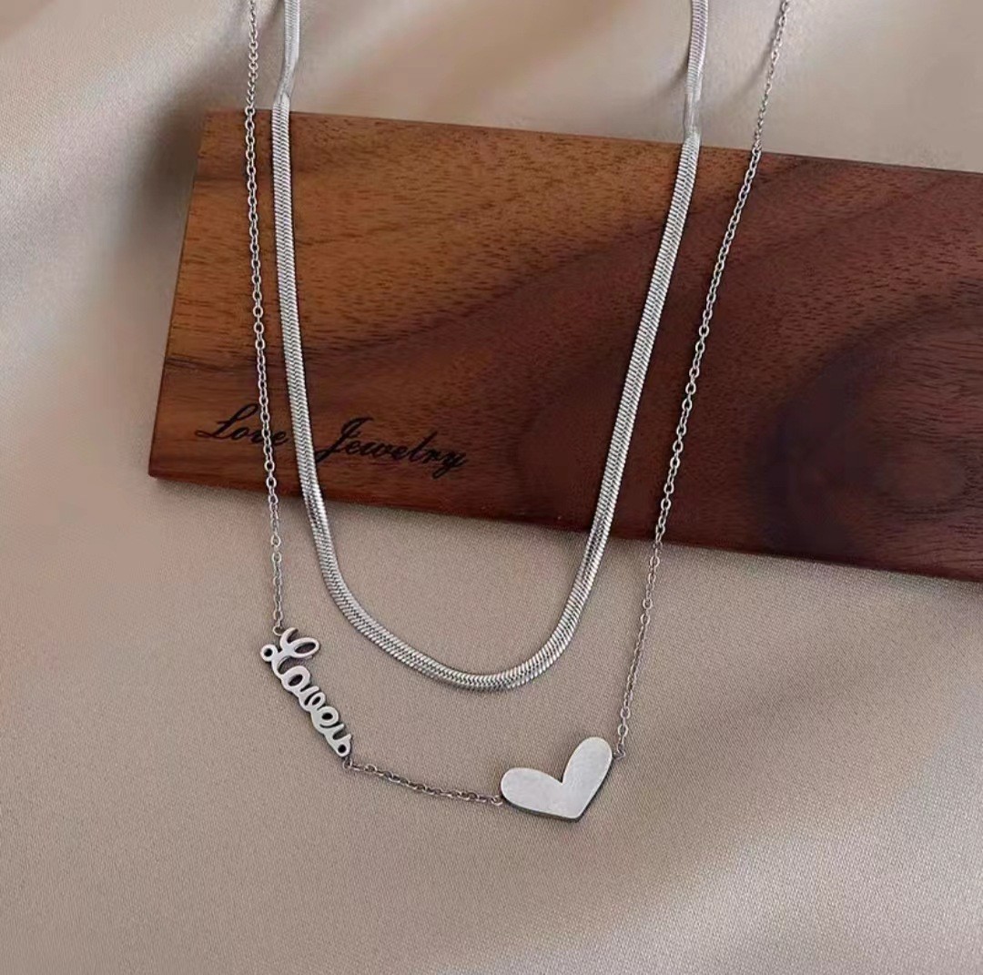 Layered Titanium Steel Necklace with Heart Pendant – Minimalist Dual Chain Design