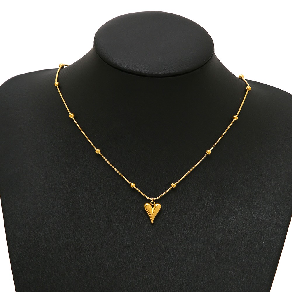 Gold Heart Pendant Bead Chain Titanium Steel Necklace – Romantic Elegant Jewelry for Women