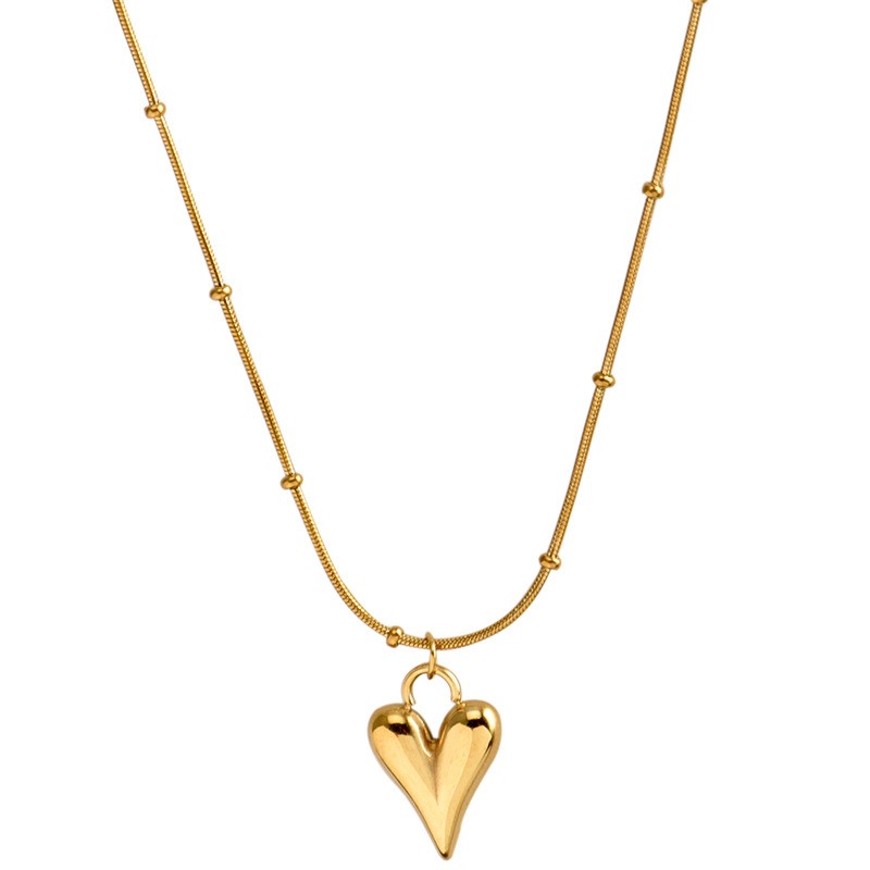 Gold Heart Pendant Bead Chain Titanium Steel Necklace – Romantic Elegant Jewelry for Women