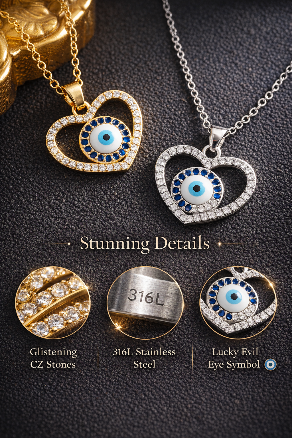 Heart Evil Eye Pendant Stainless Steel Jewelry Necklace with CZ Stones – Stainless Steel Jewelry Fashion Necklace