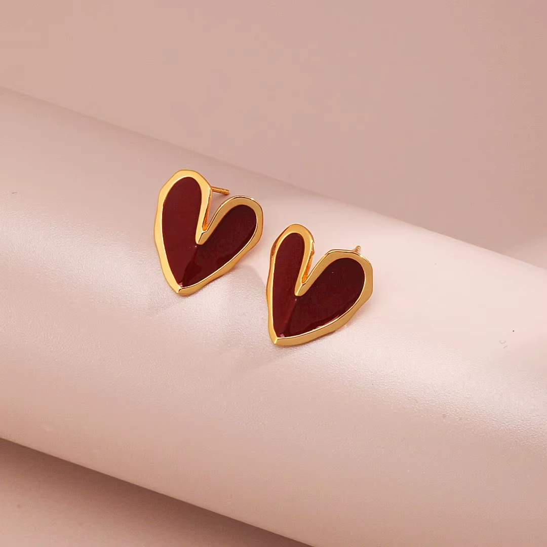 Heart Gold Plated Women's Vintage Stud Earrings China Red Drop Oil Series Wedding Party Christmas New Year Love Gift Box